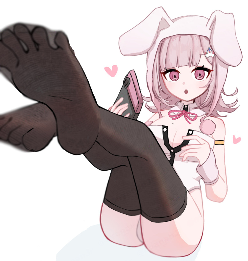 :o absurdres animal_ears animal_hood armlet ass bare_shoulders black_leotard breasts cleavage danganronpa_(series) danganronpa_2:_goodbye_despair fake_animal_ears feet female foot_focus heart highres hood hood_up jewelry leotard medium_hair mole mole_on_breast nanami_chiaki nia_(nya_nanjr) no_shoes pink_eyes playboy_bunny rabbit_hood sitting soles spaceship_hair_ornament toes white_background white_leotard