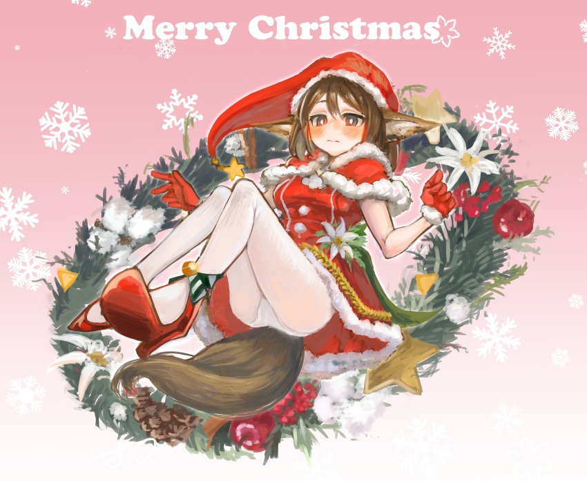 absurdres alternate_costume animal_ears arknights ass blush bright_pupils brown_eyes brown_hair capelet chocolatice christmas closed_mouth dress embarrassed female floating full_body fur-trimmed_capelet fur-trimmed_dress fur-trimmed_gloves fur-trimmed_headwear fur_trim gloves hat high_heels highres looking_at_viewer merry_christmas panties pantyhose perfumer_(arknights) red_capelet red_dress red_footwear red_gloves red_hat santa_costume santa_hat shoe_soles shoes short_dress short_hair snowflakes solo star_(symbol) tail underwear white_gloves white_panties white_pantyhose white_pupils