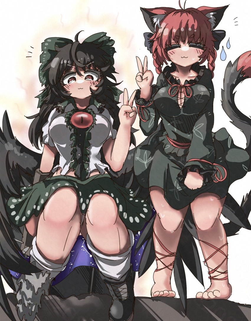 2girls :3 absurdres animal_ears asymmetrical_footwear barefoot bird_wings black_dress black_wings blush bow braid breasts cat_ears cat_girl cat_tail cleavage_cutout closed_eyes closed_mouth clothing_cutout commentary_request dress eye20806972 flying_sweatdrops green_bow green_skirt hairbow highres kaenbyou_rin large_breasts long_hair long_sleeves looking_at_viewer mismatched_footwear multiple_girls multiple_tails red_hair reiuji_utsuho shirt short_sleeves side_braids simple_background sitting skirt smile standing tail third_eye touhou twin_braids two_tails v white_background white_shirt wings