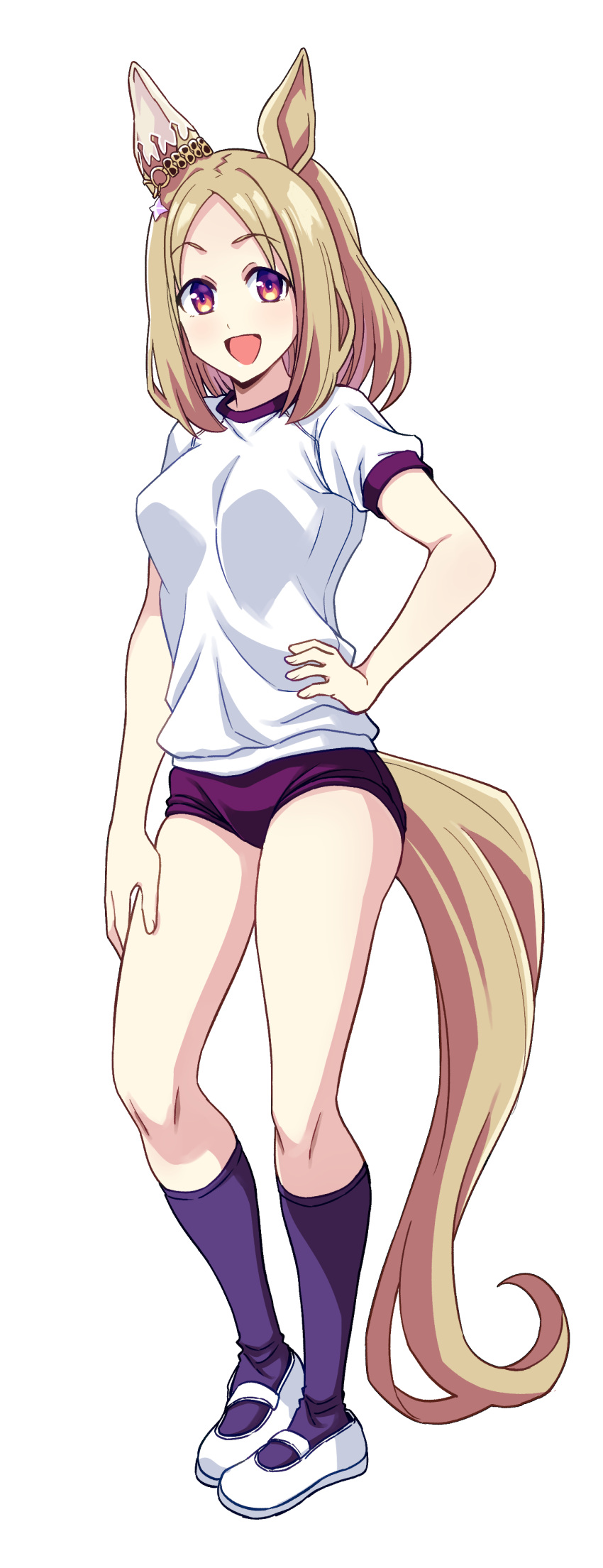 absurdres animal_ears blonde_hair buruma ear_covers female full_body gym_shirt gym_uniform hand_on_own_hip highres horse_ears horse_girl horse_tail kneehighs looking_at_viewer narita_top_road_(umamusume) ponzu_rui purple_buruma purple_eyes purple_socks shirt shoes short_hair simple_background single_ear_cover smile socks solo standing t-shirt tail umamusume uwabaki white_background white_shirt