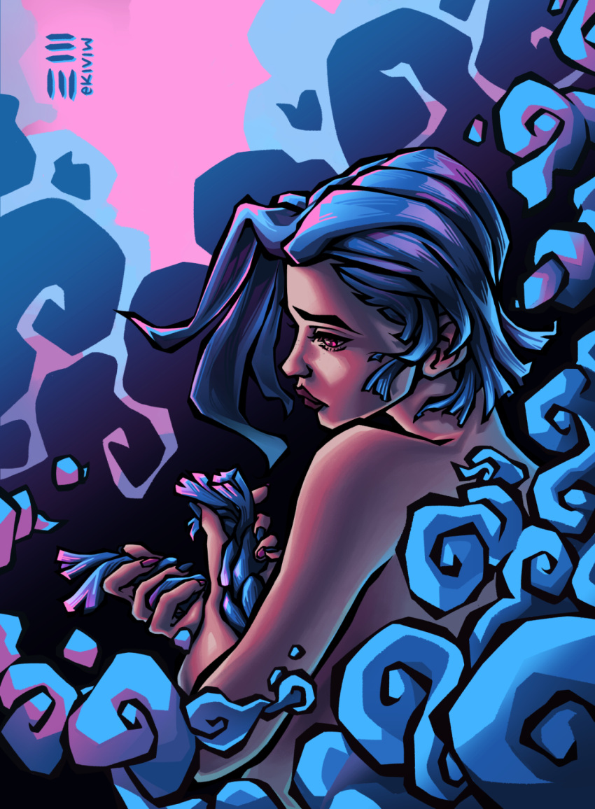 alternate_hair_length alternate_hairstyle artist_name blue_hair braid brown_lips cloud cloudy_sky commentary_request ekiviw female from_side highres holding holding_hands holding_own_hair jinx_(league_of_legends) league_of_legends nude profile red_eyes signature sky solo upper_body