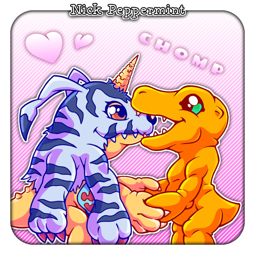 agumon animal_skin anthro bandai_namco claws digimon digimon_(species) duo fur gabumon green_eyes heart_symbol hi_res horn love_bite male male/male nickpeppermint red_eyes scalie smile striped_body striped_fur stripes yellow_body