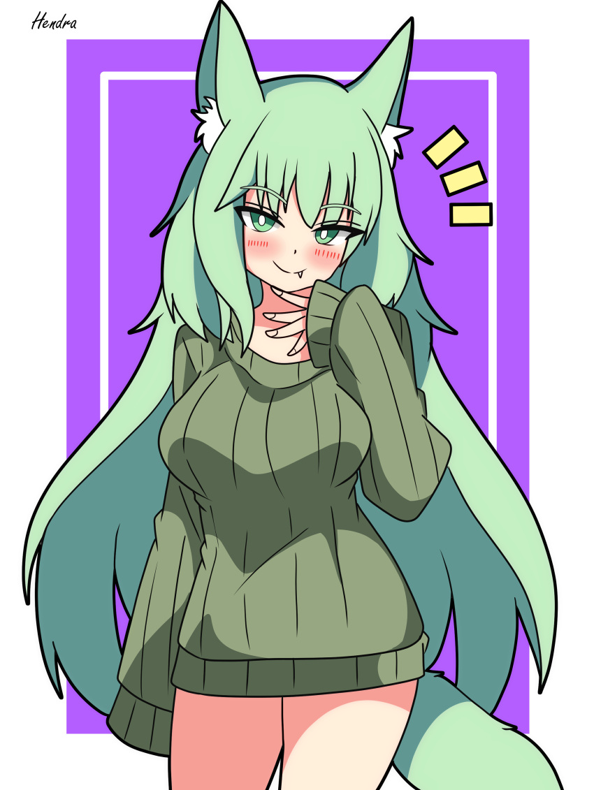 absurdres animal_ear_fluff animal_ears arknights artist_name black_outline blush border bright_pupils closed_mouth commentary_request cowboy_shot fang_out female green_eyes green_hair green_sweater hand_up harmonie_(arknights) hendra highres long_hair notice_lines oerba_yun_fang outline outside_border purple_background signature simple_background sleeves_past_fingers sleeves_past_wrists smile solo standing sweater tail white_border white_pupils