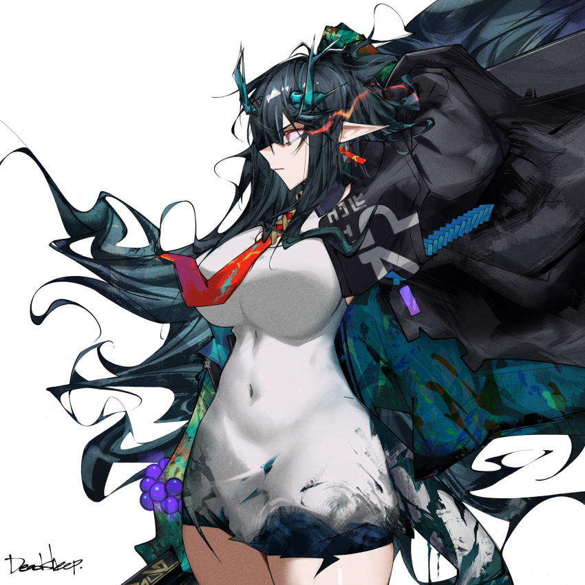 arknights arm_up artist_name beads black_hair breasts closed_mouth colored_extremities covered_navel cowboy_shot dead_sheep dragon_girl dragon_horns dress dusk_(arknights) earrings eye_trail female floating_hair frown green_hair highres horns jewelry large_breasts light_trail long_hair multicolored_hair necktie pointy_ears profile red_eyes red_necktie short_dress signature simple_background skin_tight solo standing streaked_hair white_background white_dress