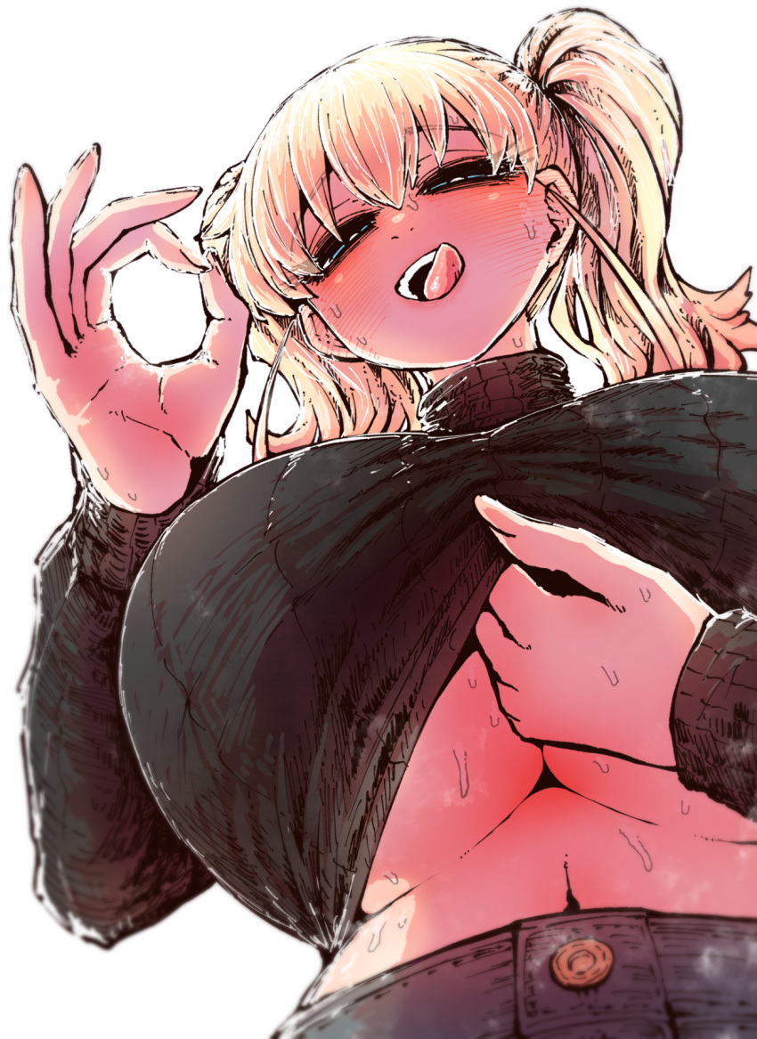 black_sweater blonde_hair blue_eyes blush breasts clothes_lift commentary_request denim female highres huge_breasts jeans kanzaki_akane_(ss_kabushikigaisha) large_breasts licking_lips long_hair long_sleeves looking_at_viewer naughty_face ok_sign open_mouth pants ribbed_sweater sexually_suggestive ss_kabushikigaisha sweater sweater_lift tongue tongue_out twintails zyugoya