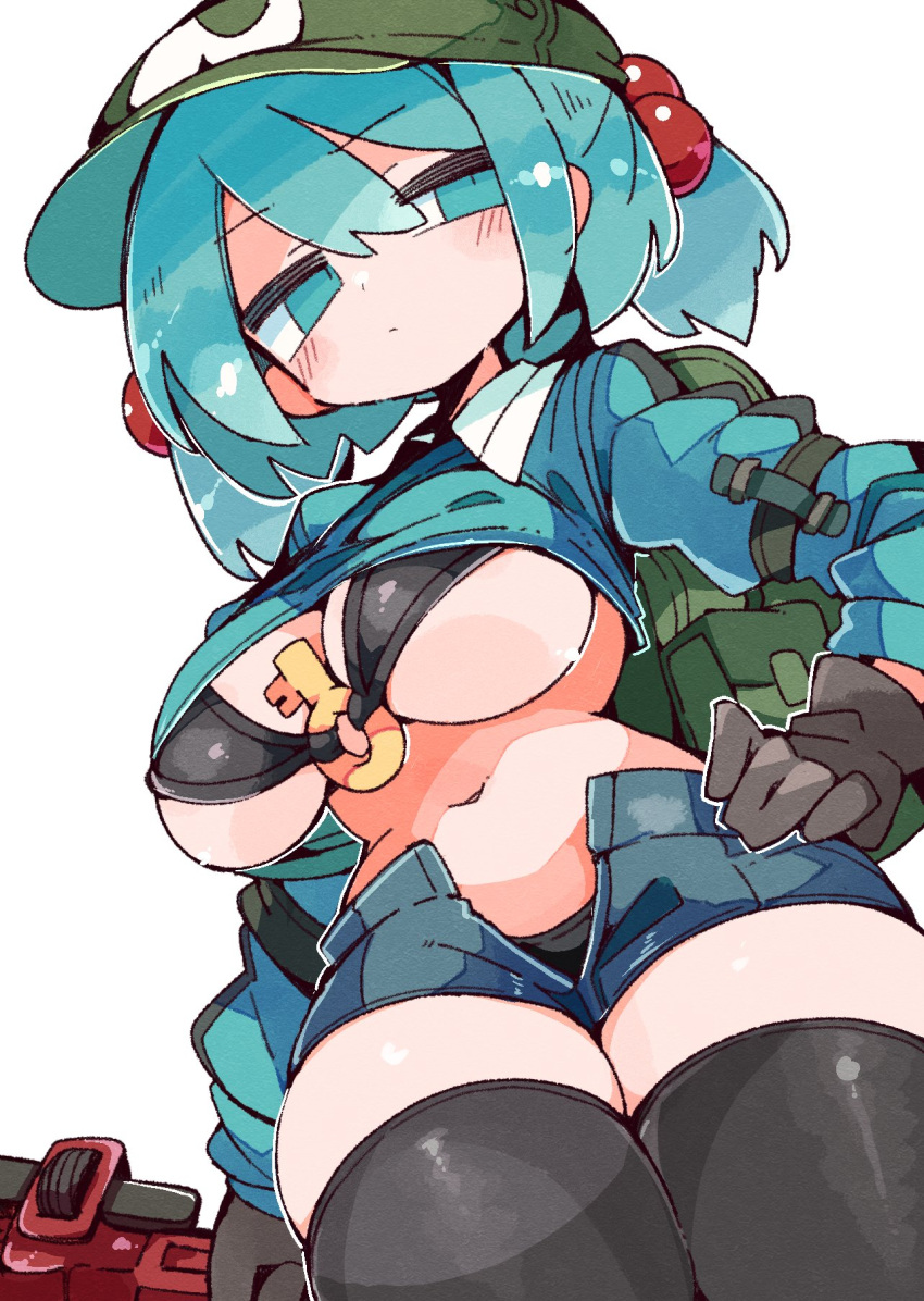 backpack bag bikini black_bikini black_gloves black_thighhighs blue_eyes blue_hair blue_shirt blue_shorts breasts cleavage cowboy_shot curvy female flat_cap gloves green_hat hair_bobbles hair_ornament hat highres kawashiro_nitori key large_breasts long_sleeves massakasama navel open_clothes open_shorts shirt short_hair shorts simple_background solo swimsuit thighhighs touhou two_side_up white_background