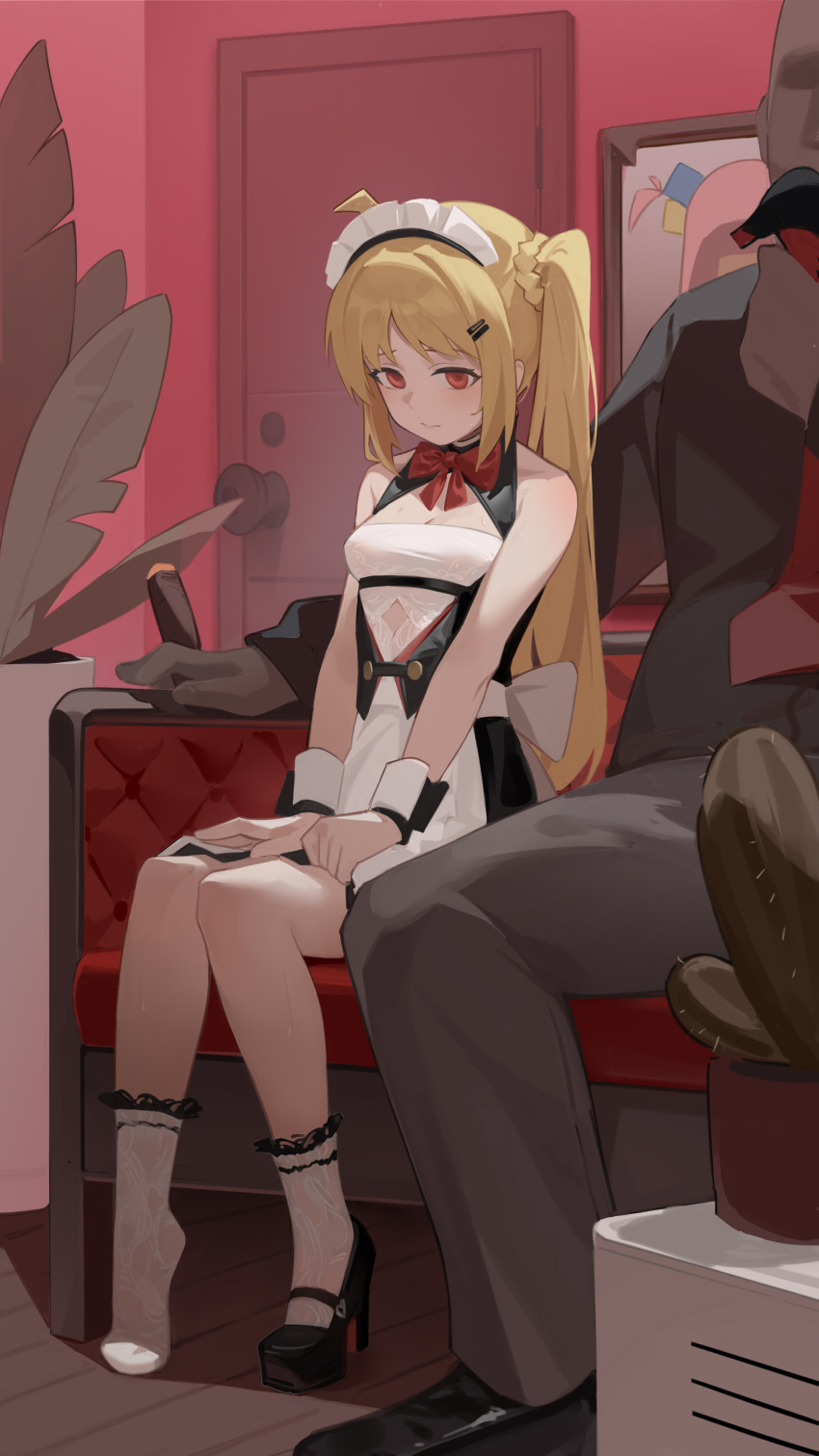 1boy absurdres bare_shoulders blonde_hair bocchi_the_rock! bow bowtie breasts cactus cleavage cleavage_cutout clothing_cutout commentary female highres ijichi_nijika ke'ai_qu_qu long_hair maid necktie red_eyes sitting skirt small_breasts translation_request