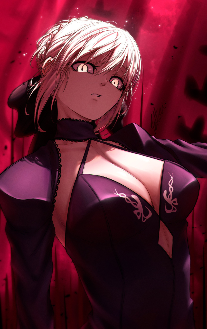 absurdres artoria_pendragon_(fate) black_dress black_ribbon blonde_hair braid breasts cleavage dark_persona dress fate/grand_order fate_(series) female hair_bun hair_ribbon highres large_breasts looking_at_viewer official_alternate_costume ribbon saber_alter single_hair_bun solo tettora yellow_eyes