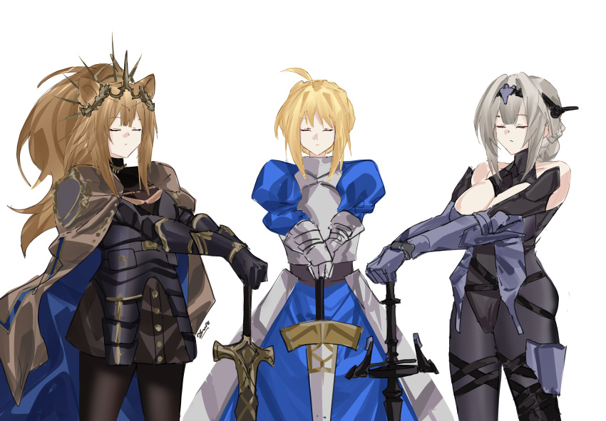 3girls absurdres ahoge arknights armor artoria_pendragon_(fate) bianca:_stigmata_(pgr) bianca_(pgr) blonde_hair breasts cape cleavage closed_eyes crest crown dress excalibur_(fate/stay_night) fate/stay_night fate_(series) hands_on_hilt heraldry highres holding holding_weapon kawasumi_ayako multiple_girls ponytail punishing:_gray_raven saber_(fate) siege_(arknights) sword vina_victoria_(arknights) voice_actor_connection weapon white_hair yazu_(zoddiacz)