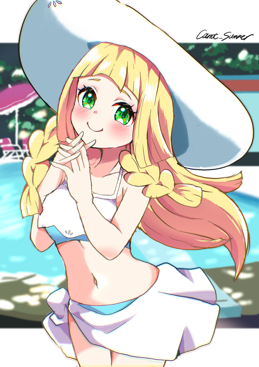 absurdres artist_name bikini blonde_hair blush braid breasts carrot_summer closed_mouth collarbone female floating_hair green_eyes hands_up hat highres interlocked_fingers lillie_(pokemon) long_hair medium_breasts navel pokemon pokemon_sm pool side_braids smile solo sun_hat swimsuit white_hat