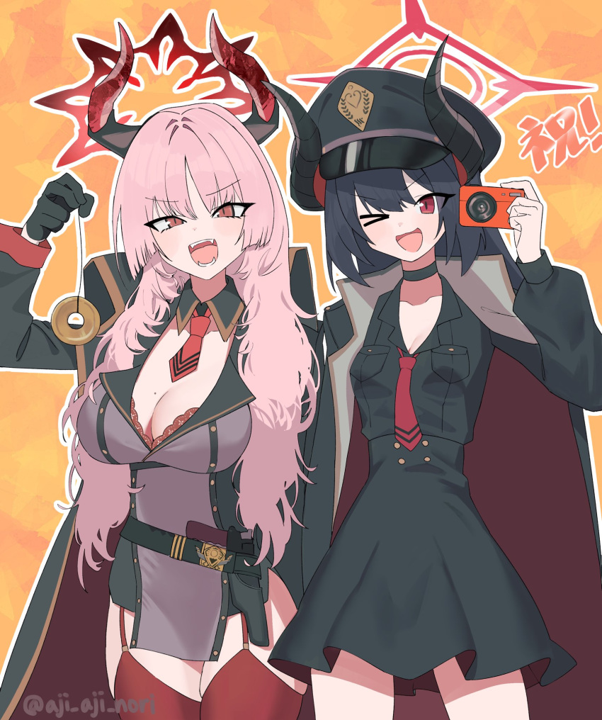 2girls aji_aji_nori belt black_choker black_coat black_gloves black_hair black_horns blue_archive bra bra_peek breasts camera check_commentary chiaki_(blue_archive) choker cleavage coat coin coin_on_string commentary_request cowboy_shot demon_horns digital_camera fangs gloves gun halo handgun hat highres holding holding_camera holding_pendulum holed_coin holster horns large_breasts long_hair long_sleeves looking_at_viewer loose_belt loose_necktie mole mole_on_breast multiple_girls narrow_waist necktie one_eye_closed open_mouth pandemonium_society_(blue_archive) peaked_cap pendulum pink_hair red_bra red_garter_straps red_halo red_horns red_necktie red_thighhighs satsuki_(blue_archive) slit_pupils smile thighhighs underwear weapon