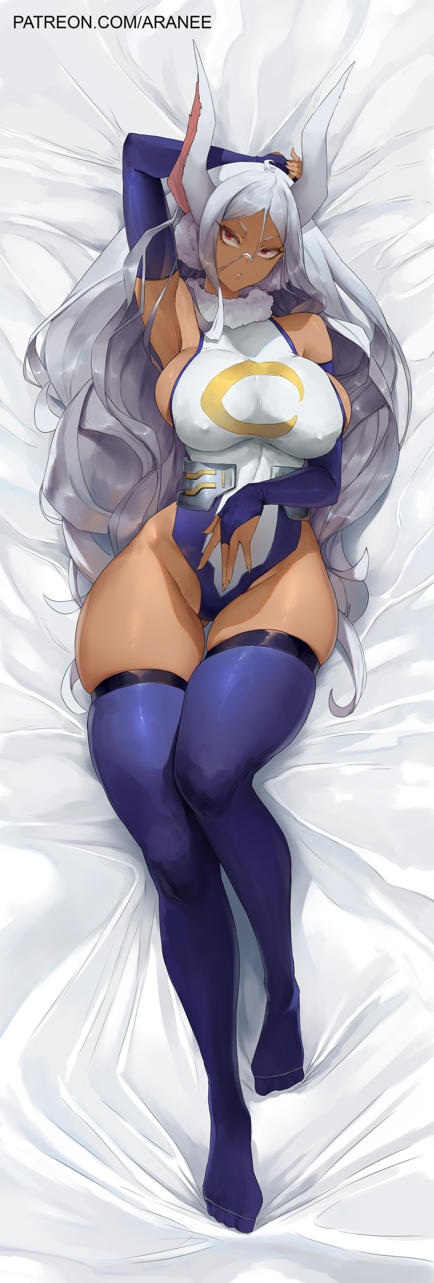 absurdres animal_ears araneesama bed_sheet blue_gloves blue_thighhighs boku_no_hero_academia breasts bridal_gauntlets covered_nipples dark-skinned_female dark_skin elbow_gloves english_commentary female full_body gloves grey_hair hand_on_own_stomach highleg highleg_leotard highres large_breasts leotard long_eyelashes long_hair looking_at_viewer lying mirko on_back parted_bangs rabbit_ears rabbit_girl red_eyes sleeveless_turtleneck_leotard solo taut_leotard thighhighs toned_female turtleneck turtleneck_leotard