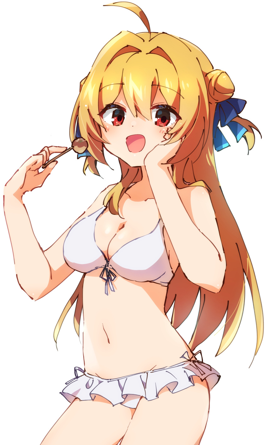 :d absurdres ahoge bare_arms bikini blonde_hair blue_bow blush bow breasts cleavage collarbone commentary cowboy_shot dango double_bun female food frilled_bikini frills hair_between_eyes hair_bun hair_intakes hairbow hamidashi_creative hand_on_own_cheek hand_on_own_face hands_up happy highres holding holding_food izumi_hiyori long_hair medium_breasts navel nyaa_(nnekoron) open_mouth red_eyes simple_background smile solo straight_hair swimsuit two_side_up wagashi white_background white_bikini