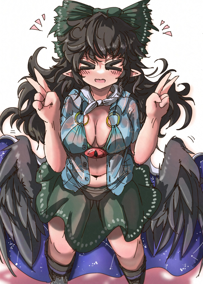 >_< absurdres bird_wings black_footwear black_hair black_wings blue_shirt blush bow breasts cleavage closed_eyes commentary_request double_v eye20806972 facing_viewer female green_bow green_skirt hairbow highres large_breasts long_hair navel open_clothes open_mouth open_shirt pointy_ears reiuji_utsuho shirt simple_background skirt solo starry_sky_print third_eye touhou v white_background wings