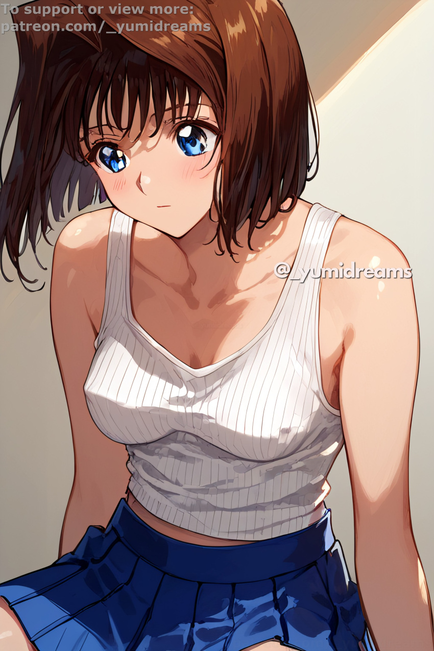 _yumidreams ai_generated anzu_mazaki bare_shoulders blue_eyes brown_hair close_up highres indoors light-skinned_female medium_breasts miniskirt neckline patreon_username pleated_skirt tea_gardner wall white_shirt yu-gi-oh! yu-gi-oh!_duel_monsters