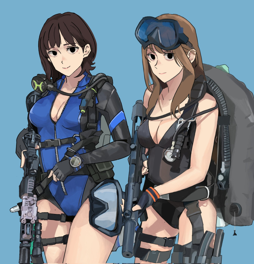 2girls assault_rifle black_eyes black_gloves black_one-piece_swimsuit blue_background blue_one-piece_swimsuit bodysuit brown_hair corrupted_twitter_file diving_regulator diving_suit fingerless_gloves frogman gloves goggles gun h&k_mp5sd highres long_hair multiple_girls one-piece_swimsuit original partially_unzipped rifle scuba scuba_gear short_hair simple_background submachine_gun suppressor swimsuit wani_(perfect_han) weapon wetsuit zipper