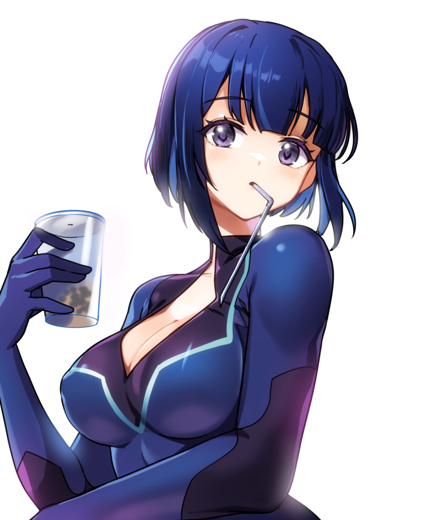 blue_bodysuit blue_hair bodysuit breasts bubble_tea cleavage cup disposable_cup drinking_straw drinking_straw_in_mouth duel_monster ebi_bento evil_twin_lil-la female highres holding holding_cup large_breasts lil-la_(yu-gi-oh!) looking_at_viewer purple_bodysuit purple_eyes short_hair simple_background solo two-tone_bodysuit upper_body white_background yu-gi-oh!