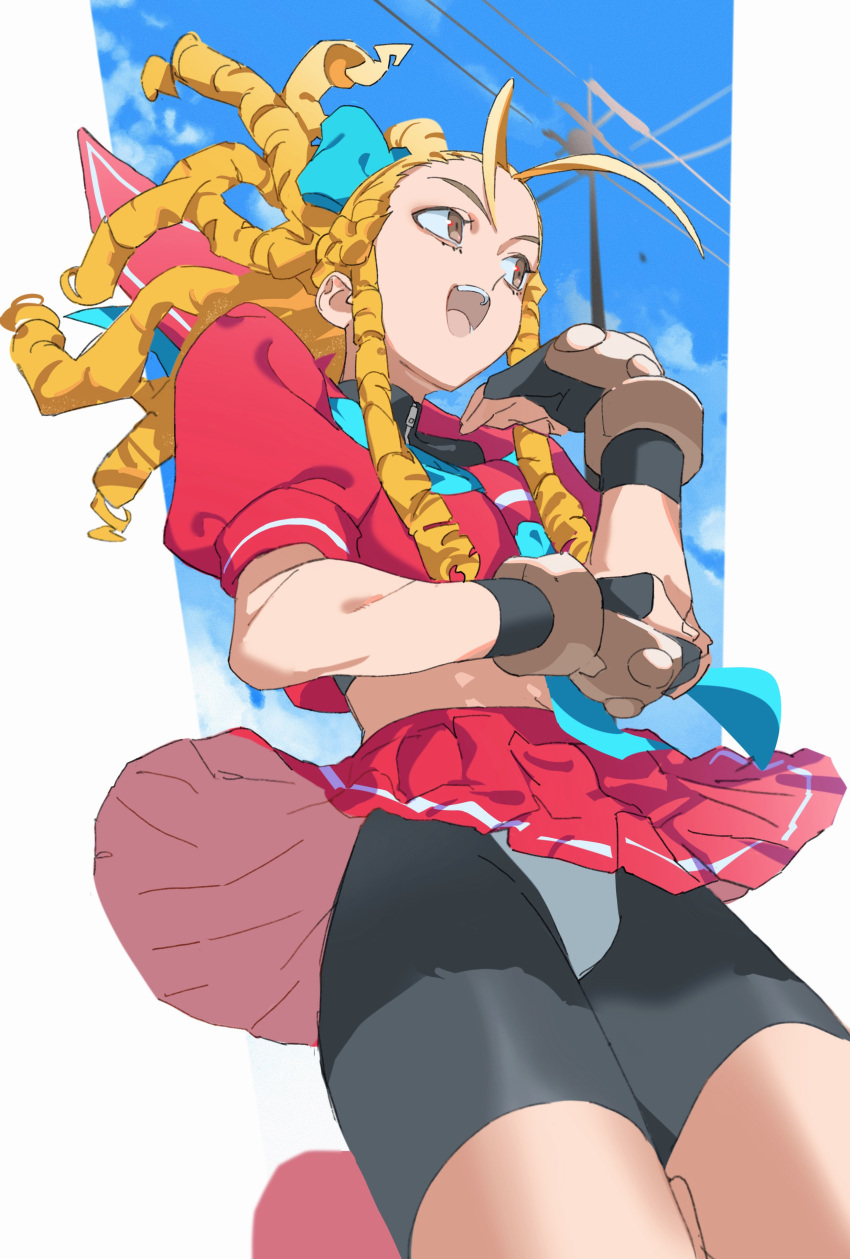 absurdres antenna_hair blonde_hair brown_eyes commentary female fingerless_gloves gloves highres kanzuki_karin long_hair open_mouth pretty-purin720 red_serafuku red_skirt school_uniform serafuku shorts shorts_under_skirt skirt solo street_fighter street_fighter_zero_(series)