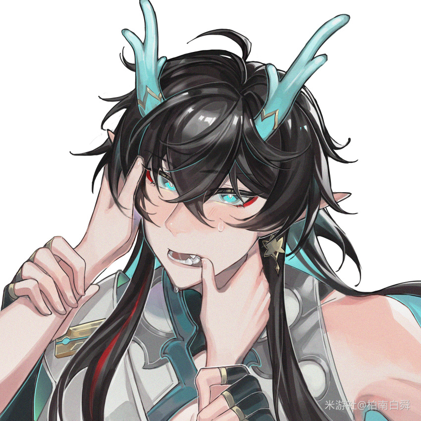 1boy 1other baishun black_hair blue_eyes blue_hair chinese_commentary colored_inner_hair commentary_request dan_heng_(honkai:_star_rail) dan_heng_(imbibitor_lunae)_(honkai:_star_rail) dragon_boy dragon_horns eastern_dragon_horns fangs finger_in_another's_mouth grabbing_another's_arm highres honkai:_star_rail honkai_(series) horns long_hair looking_at_viewer male_focus multicolored_hair pointy_ears simple_background sleeveless solo_focus sweat upper_body white_background