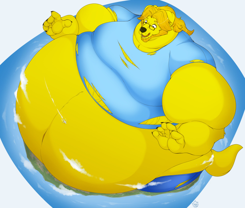 2020 5_fingers absurd_res aircraft airplane anthro beard belly big_belly big_moobs biped blonde_hair blue_clothing blue_shirt blue_t-shirt blue_topwear charlie_(mr_labrador) claws clothing cloud digital_drawing_(artwork) digital_media_(artwork) facial_hair finger_claws fingers fur giga golden_labrador hair hi_res huge_belly hyper hyper_belly landscape_dwarfing macro male mkvero moobs morbidly_obese morbidly_obese_anthro morbidly_obese_male obese obese_anthro obese_male overweight overweight_anthro overweight_male paws shirt sky solo standing t-shirt tail topwear torn_clothing torn_shirt torn_topwear underwear vehicle yellow_body yellow_fur