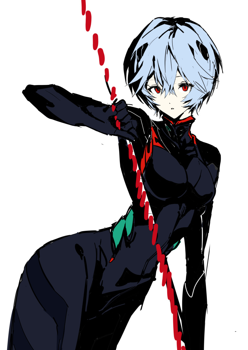 absurdres ayanami_rei black_bodysuit blue_hair bodysuit breasts evangelion:_3.0+1.0_thrice_upon_a_time expressionless female hair_between_eyes highres holding holding_staff killert_0401 leaning_to_the_side mecha_pilot_suit medium_breasts neon_genesis_evangelion plugsuit rebuild_of_evangelion red_eyes short_hair simple_background solo staff white_background