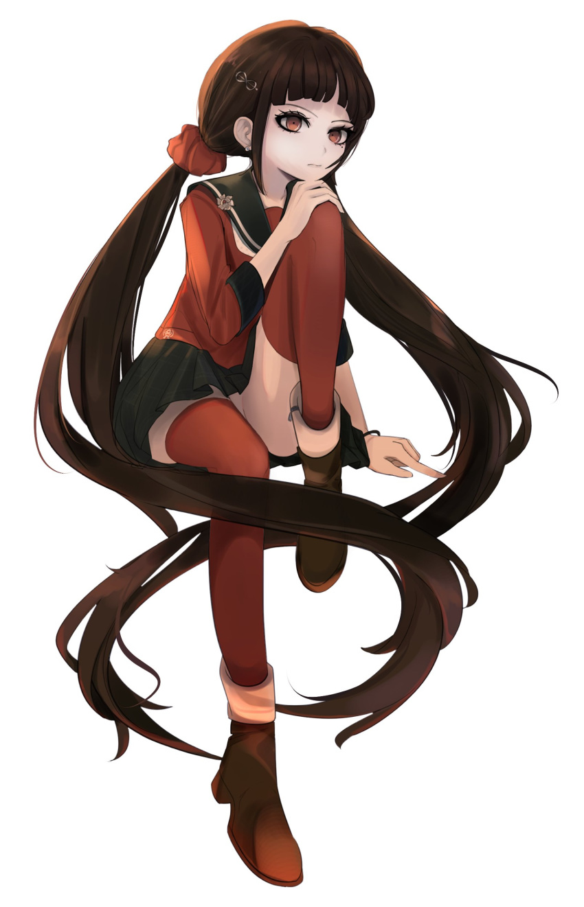 absurdres black_sailor_collar black_skirt brown_footwear brown_hair closed_mouth danganronpa_(series) danganronpa_v3:_killing_harmony female gakkiyui1 hair_ornament hair_scrunchie hairclip harukawa_maki highres invisible_chair long_hair long_sleeves miniskirt pleated_skirt red_eyes red_scrunchie red_shirt red_thighhighs sailor_collar scrunchie shirt shoes simple_background sitting skirt solo thighhighs white_background