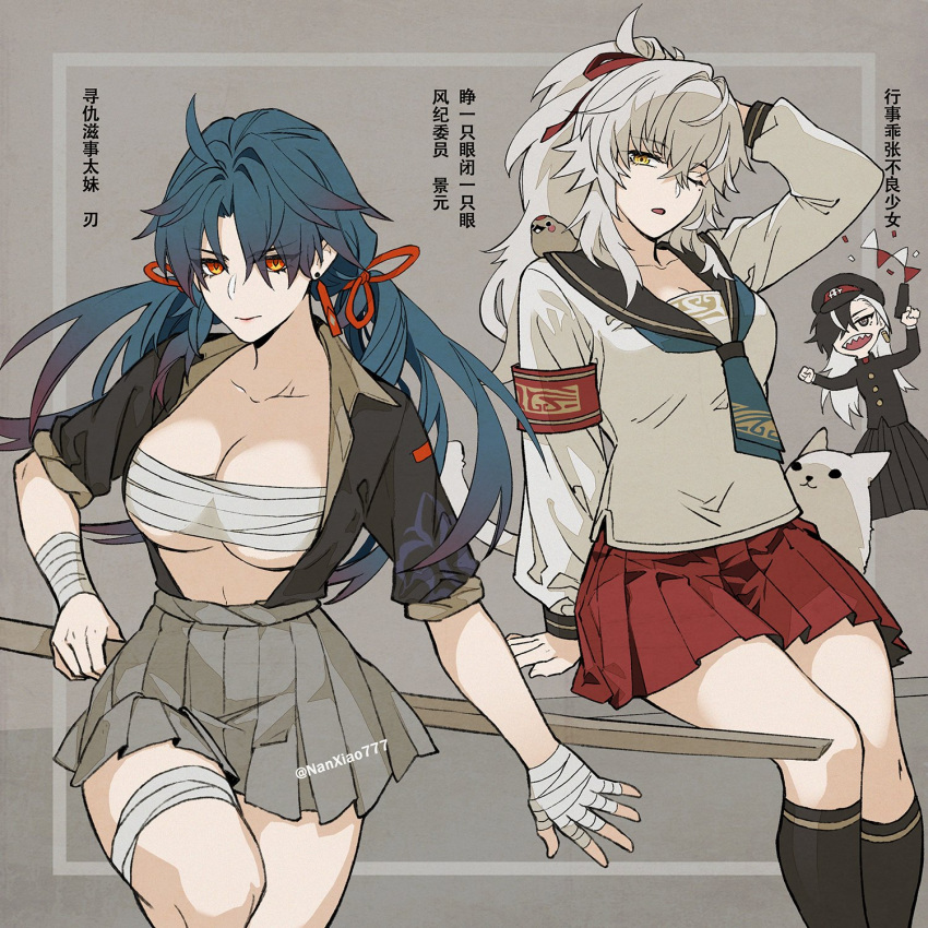 3girls bandaged_chest bandaged_hand bandages bird black_hair black_sailor_collar black_shirt black_skirt black_socks blade_(honkai:_star_rail) boothill_(honkai:_star_rail) breasts chest_sarashi cleavage commentary_request cowboy_shot earrings feline genderswap_(mtf) grey_hair grey_skirt gun high_ponytail highres holding holding_gun holding_weapon honkai:_star_rail honkai_(series) jewelry jing_yuan kaeluc1130430 kneehighs large_breasts long_hair mole mole_under_eye multicolored_hair multiple_girls one_eye_closed open_clothes open_shirt parted_bangs pleated_skirt red_skirt rule_63 sailor_collar sarashi school_uniform shirt single_earring skirt sleeves_rolled_up socks translation_request twintails two-tone_hair weapon white_shirt yellow_eyes