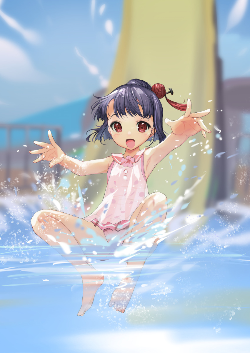 :d absurdres alice_gear_aegis barefoot blurry blurry_background collared_one-piece_swimsuit dress_swimsuit feet female flat_chest highres mikuraza_azuki one-piece_swimsuit open_mouth outdoors outstretched_arms palms partially_submerged pink_one-piece_swimsuit pink_sailor_collar purple_hair red_eyes sailor_collar smile solo splashing spread_arms swimsuit water water_slide yashin_(yasinz)