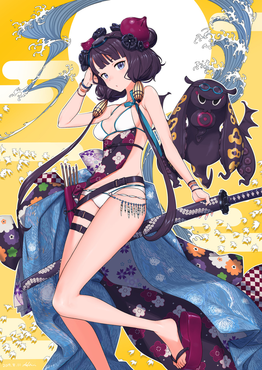 ao_fujimori arm_up bangle bikini blue_eyes bracelet breasts checkered_ribbon dated fate/grand_order fate_(series) feet female floral_print goggles goggles_on_head hair_ornament highres holding holding_sword holding_weapon jewelry katana katsushika_hokusai_(fate) katsushika_hokusai_(swimsuit_saber)_(fate) leg_belt legs looking_at_viewer medium_breasts octopus purple_hair sandals sash sheath sheathed short_eyebrows signature swimsuit sword toes tokitarou_(fate) twintails waves weapon white_bikini