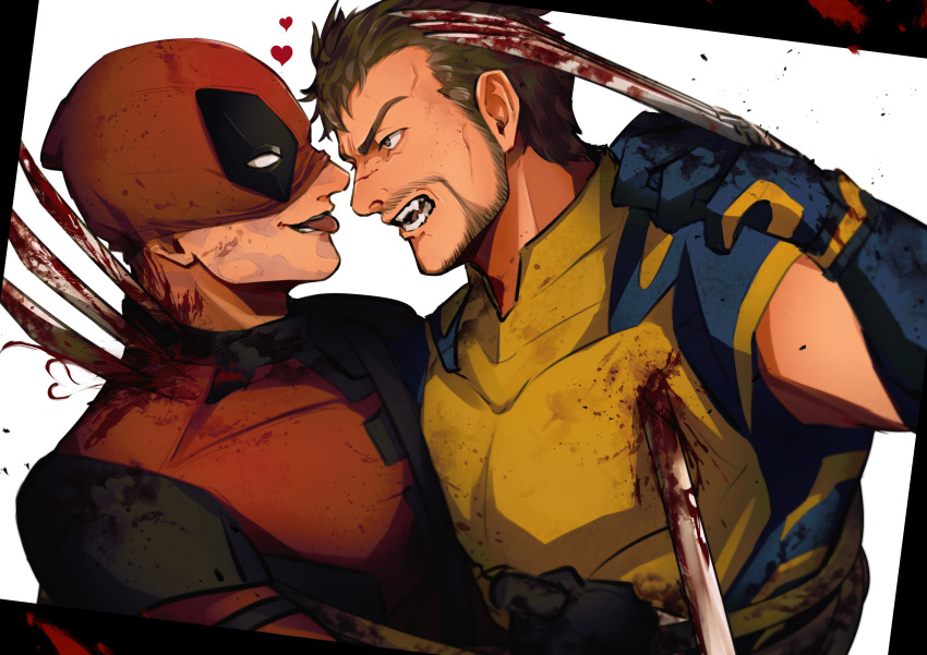 2boys absurdres beard blood blood_on_clothes blood_on_face blood_on_weapon blue_gloves bodysuit brown_hair claw_(weapon) clenched_hand commentary_request deadpool deadpool_&_wolverine deadpool_(series) facial_hair gloves heart highres impaled looking_at_another male_focus marvel marvel_cinematic_universe mask mask_lift multiple_boys muscular muscular_male open_mouth pectorals red_bodysuit red_mask scar scars_all_over short_hair sirokuman17 stab superhero_costume tongue tongue_out two-tone_bodysuit violence weapon wolverine_(x-men) x-men yaoi yellow_bodysuit