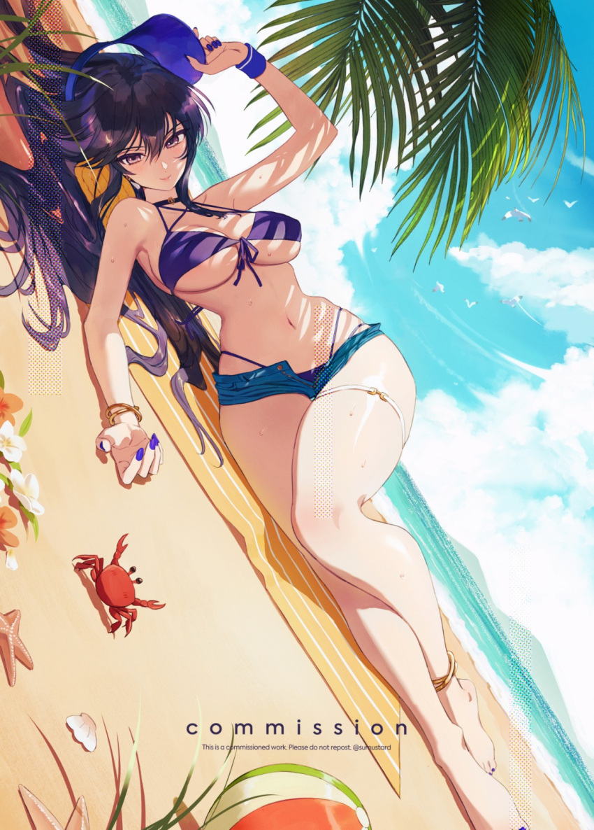 alternate_costume anklet ayra_(fire_emblem) beach bikini bird black_hair bracelet breasts cloud commission crab denim denim_shorts female fire_emblem fire_emblem:_genealogy_of_the_holy_war hat highres jewelry long_hair looking_at_viewer lying medium_breasts nail_polish ocean on_side purple_bikini purple_eyes purple_nails seagull seashell shell shorts sky solo sumustard swimsuit thigh_strap underboob watermark wristband