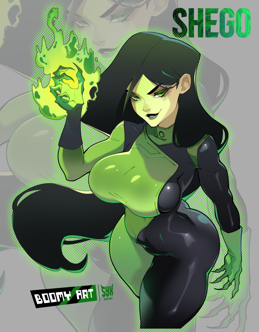 absurdres artist_name asymmetrical_gloves black_bodysuit black_gloves black_hair bodysuit boomyart breasts colored_skin female fire gloves green_bodysuit green_eyes green_fire green_gloves green_skin highres kim_possible_(series) large_breasts long_hair looking_at_viewer mismatched_gloves shego solo two-tone_bodysuit zoom_layer