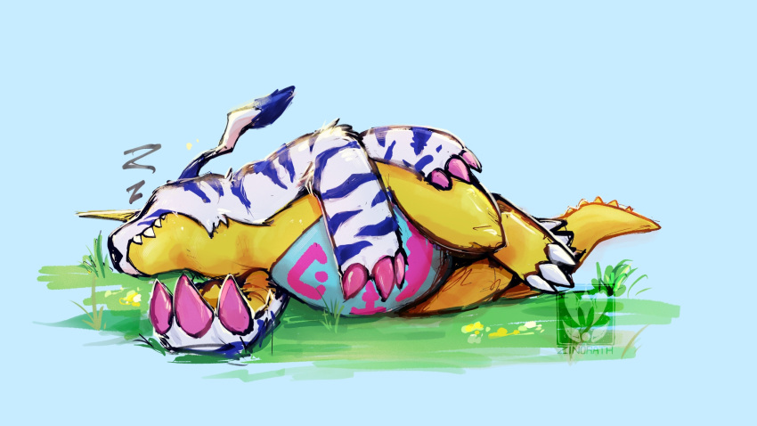 animal_skin anthro bandai_namco belly belly_markings claws digimon digimon_(species) fur gabumon hi_res horn lying male markings on_side sleeping slightly_chubby solo sound_effects striped_body striped_fur stripes vowelless vowelless_sound_effect zinorath zzz