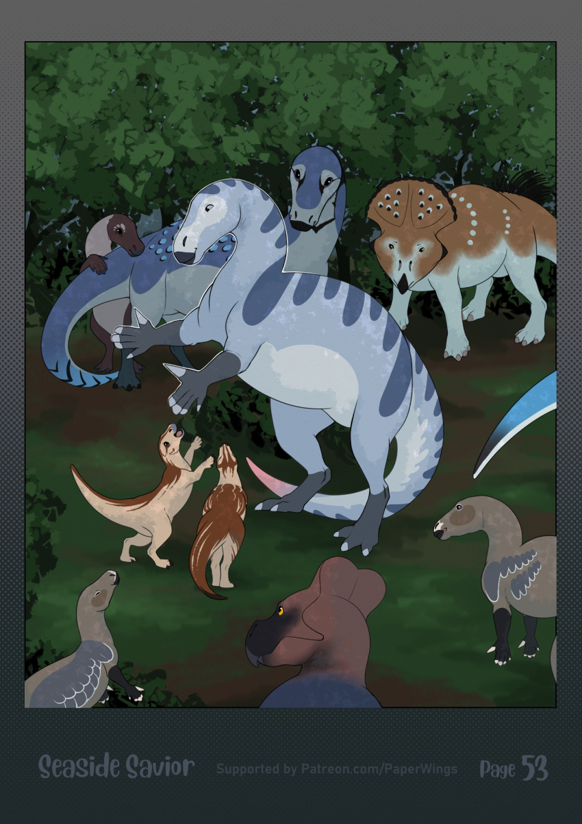 ambiguous_gender dinosaur female_(lore) feral forest group happy herd hi_res nanyangosaurus ornithischian ornithopod paper-wings plant prehistoric_species reptile reunion scalie tree