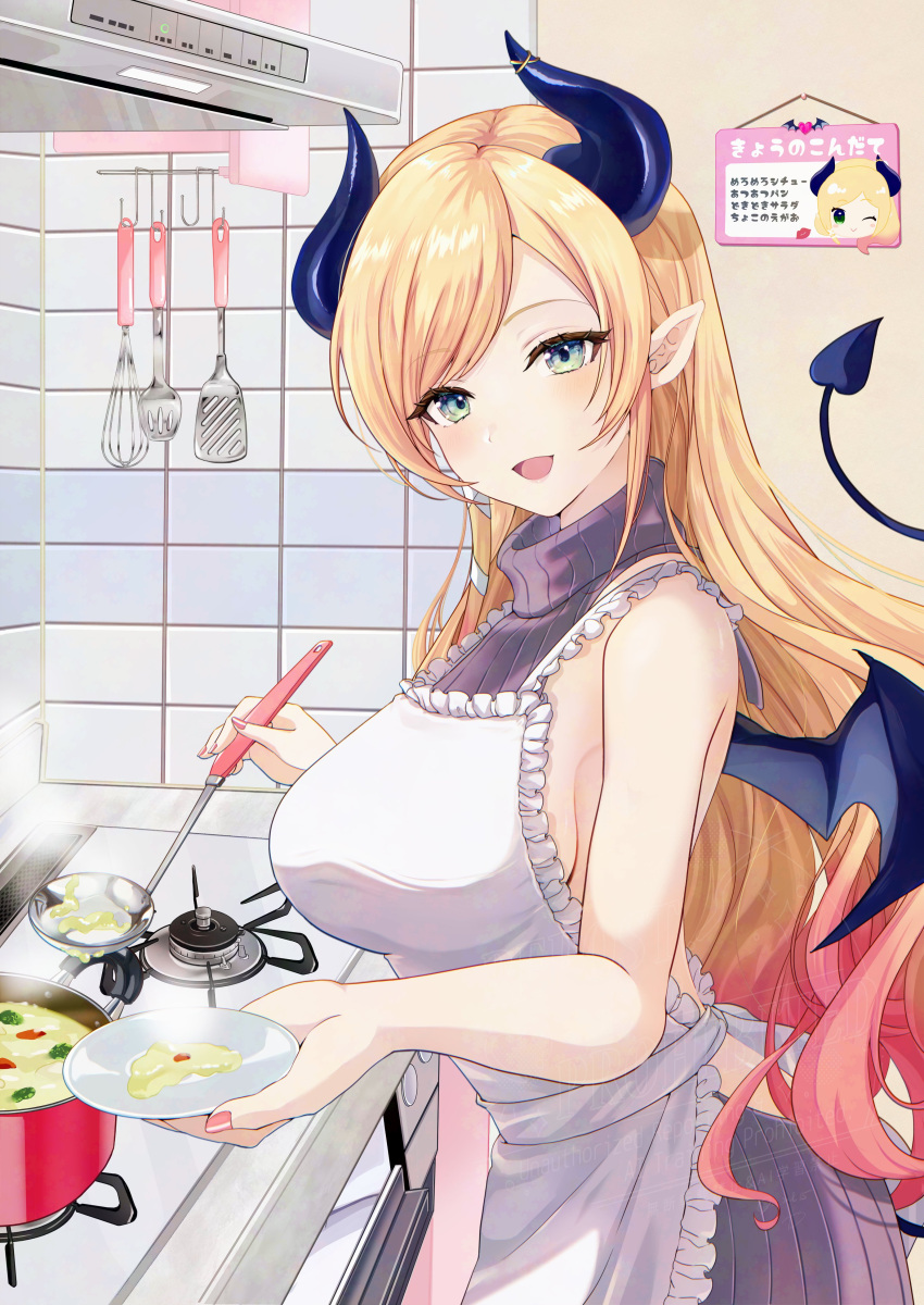 absurdres apron blonde_hair blue_eyes breasts cooking demon_girl demon_horns demon_tail demon_wings female grey_sweater highres hololive horns kudoukudokudo large_breasts long_hair looking_at_viewer open_mouth pointy_ears smile solo sweater tail turtleneck turtleneck_sweater virtual_youtuber white_apron wings yuzuki_choco