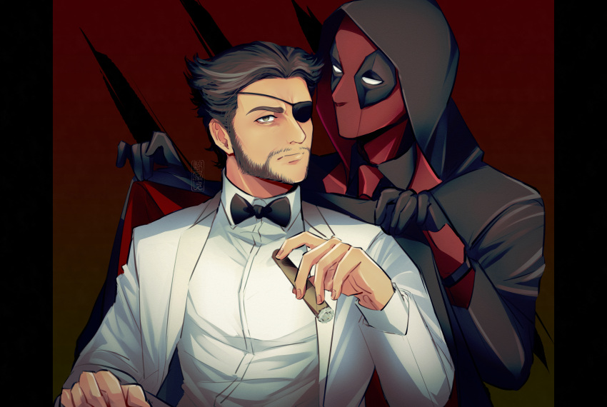 2boys absurdres beard black_bow black_bowtie black_jacket black_shirt bow bowtie brown_hair cigar closed_mouth collared_shirt commentary_request deadpool deadpool_&_wolverine deadpool_(series) eyepatch facial_hair gloves highres holding holding_cigar hood hood_up jacket long_sleeves looking_at_another male_focus marvel marvel_cinematic_universe mask multiple_boys patch_(wolverine) red_mask shirt short_hair sirokuman17 suit white_jacket white_shirt white_suit wolverine_(x-men) x-men yaoi