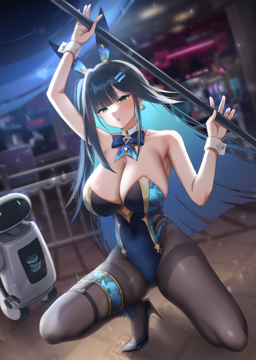 abigail_(black_survival) abigail_(poker_face)_(black_survival) absurdres animal_ears bare_shoulders black_footwear black_hair black_pantyhose black_survival blue_bow blue_bowtie blue_hair blue_leotard blue_nails blurry blurry_background blush bow bowtie breasts cleavage colored_inner_hair commentary covered_navel cutout_above_navel detached_collar dice_earrings eternal_return:_black_survival fake_animal_ears female fingernails floating_hair green_eyes high_heels highleg highleg_leotard highres holding holding_polearm holding_weapon indoors large_breasts leotard long_fingernails long_hair looking_at_viewer multicolored_hair nail_polish non-humanoid_robot on_one_knee pantyhose parted_lips pingpangpongpang playboy_bunny pole polearm pumps rabbit_ears robot solo strapless strapless_leotard symbol-only_commentary thighband_pantyhose two-tone_hair very_long_hair weapon white_wrist_cuffs wrist_cuffs