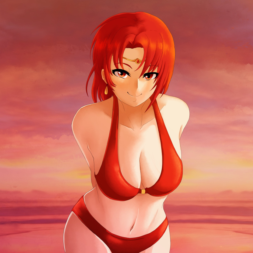 absurdres arms_behind_back bikini breasts circlet cleavage cloud commission earrings female fire_emblem fire_emblem:_the_binding_blade highres jewelry large_breasts looking_at_viewer melady_(fire_emblem) navel outdoors red_bikini red_eyes red_hair seityr smile sunset swimsuit