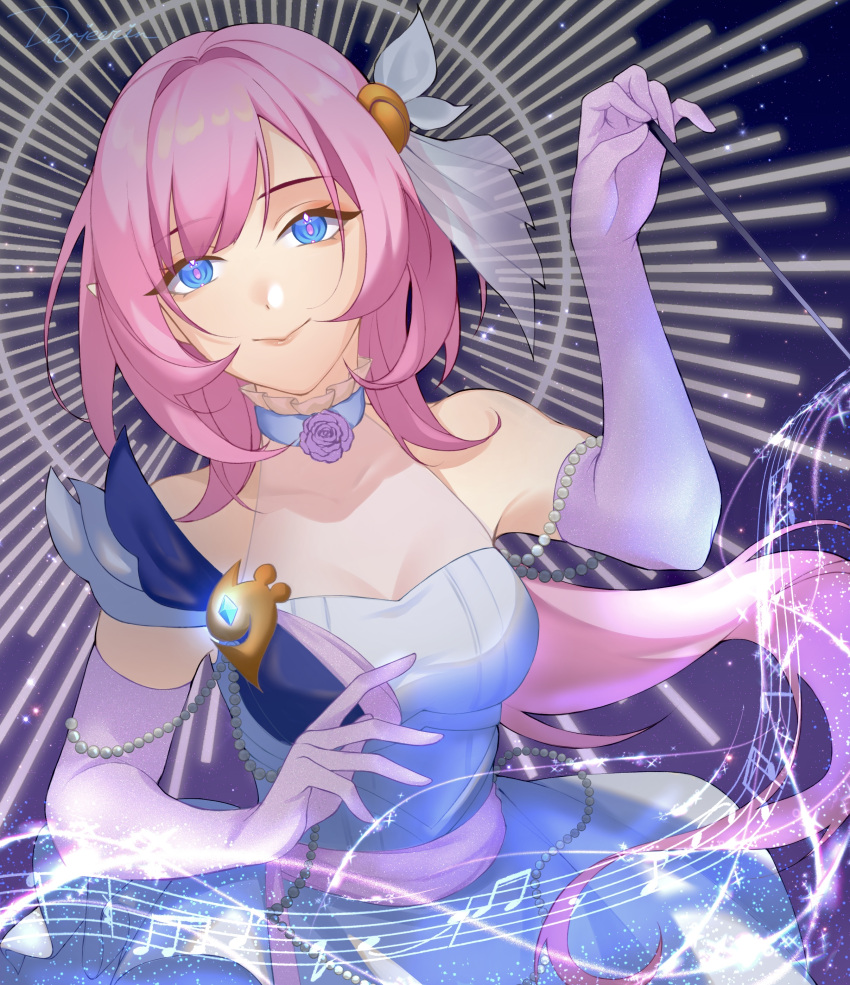 :> absurdres bare_shoulders blue_dress blue_eyes blue_gloves breasts cleavage commentary dress elbow_gloves elysia_(honkai_impact) female gloves hair_intakes highres holding honkai_(series) honkai_impact_3rd long_hair looking_at_viewer musical_note pink_hair purple_sash rin_(bakariiin) sash see-through_cleavage see-through_clothes sleeveless sleeveless_dress smile solo staff_(music) upper_body very_long_hair