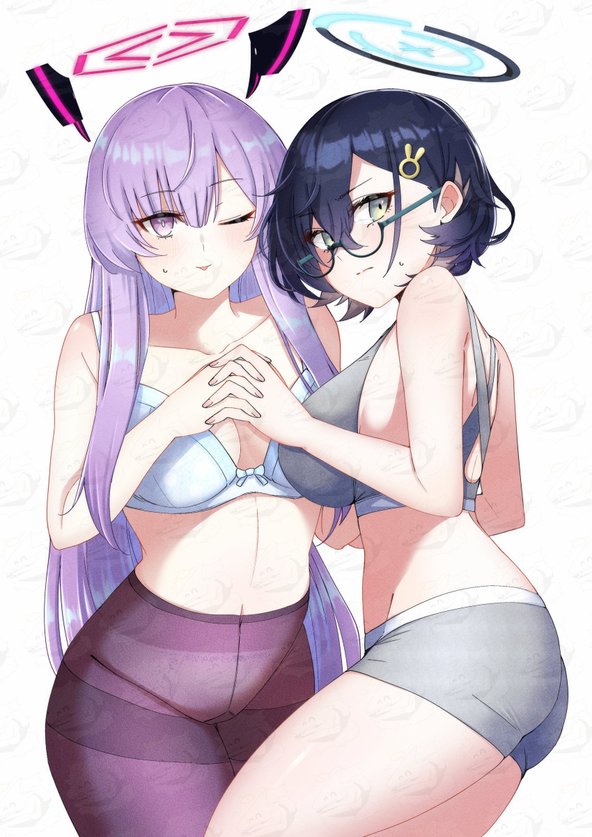 2girls absurdres black_hair blue_archive blush bra breasts chihiro_(blue_archive) glasses grey_bra grey_panties hair_ornament halo headgear highres large_breasts long_hair looking_at_viewer multiple_girls panties pantyhose purple_eyes purple_hair purple_pantyhose ryusei_(ster0629) short_hair sports_bra sports_panties underwear utaha_(blue_archive) watermark white_bra white_panties