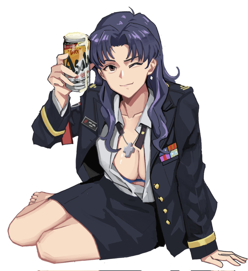 alcohol barefoot beer beer_can breasts brown_eyes can cleavage collarbone collared_shirt corrupted_twitter_file cross cross_necklace drink_can earrings female greek_cross highres holding jacket jewelry katsuragi_misato long_hair long_sleeves looking_at_viewer medium_breasts military_dress_uniform military_jacket military_uniform necklace neon_genesis_evangelion one_eye_closed partially_unbuttoned purple_hair shirt simple_background smile solo toes unbuttoned unbuttoned_shirt wani_(perfect_han) white_background