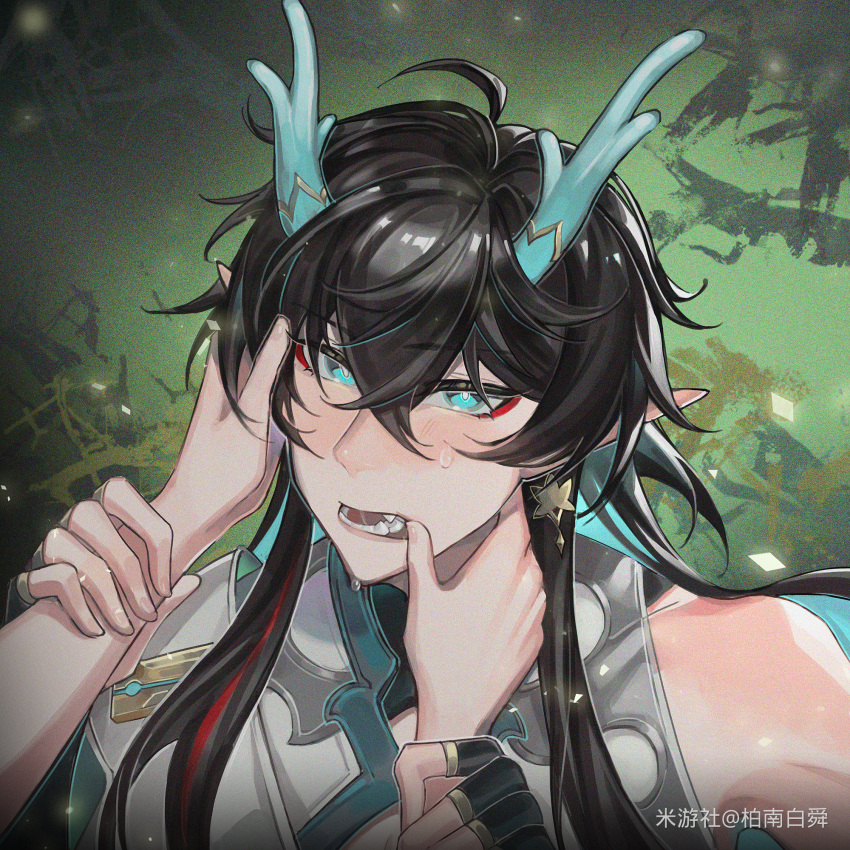 1boy 1other baishun black_hair blue_eyes blue_hair chinese_commentary colored_inner_hair commentary_request dan_heng_(honkai:_star_rail) dan_heng_(imbibitor_lunae)_(honkai:_star_rail) dragon_boy dragon_horns eastern_dragon_horns fangs finger_in_another's_mouth grabbing_another's_arm green_background highres honkai:_star_rail honkai_(series) horns long_hair looking_at_viewer male_focus multicolored_hair pointy_ears sleeveless solo_focus sweat upper_body