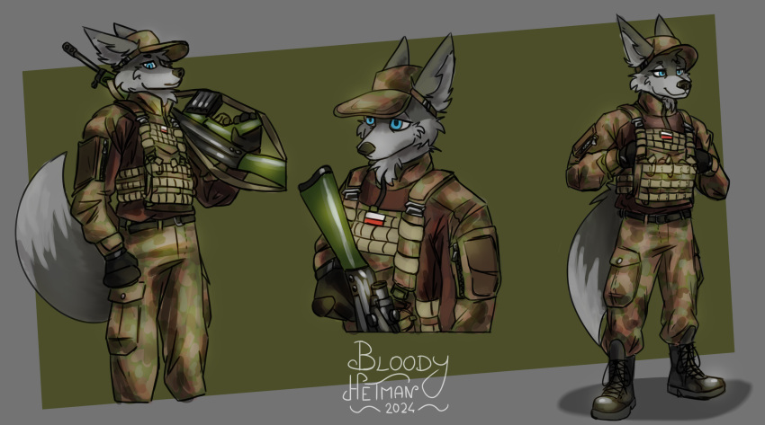 5_fingers anthro belt belt_buckle bloodyhetman blue_eyes boots buckle bulletproof_vest camo canid canine canis clothing combat_boots fingers fluffy fluffy_ears footwear fur gloves grey_body grey_fur gun handwear hat headgear headwear hi_res long_ears looking_aside looking_at_viewer looking_away looking_down male mammal military military_cap military_clothing military_pants military_uniform multicolored_body multicolored_ears multicolored_fur poland polish_flag ranged_weapon shoes smile solo topwear uniform vest weapon weapon_on_shoulder white_body white_fur wolf