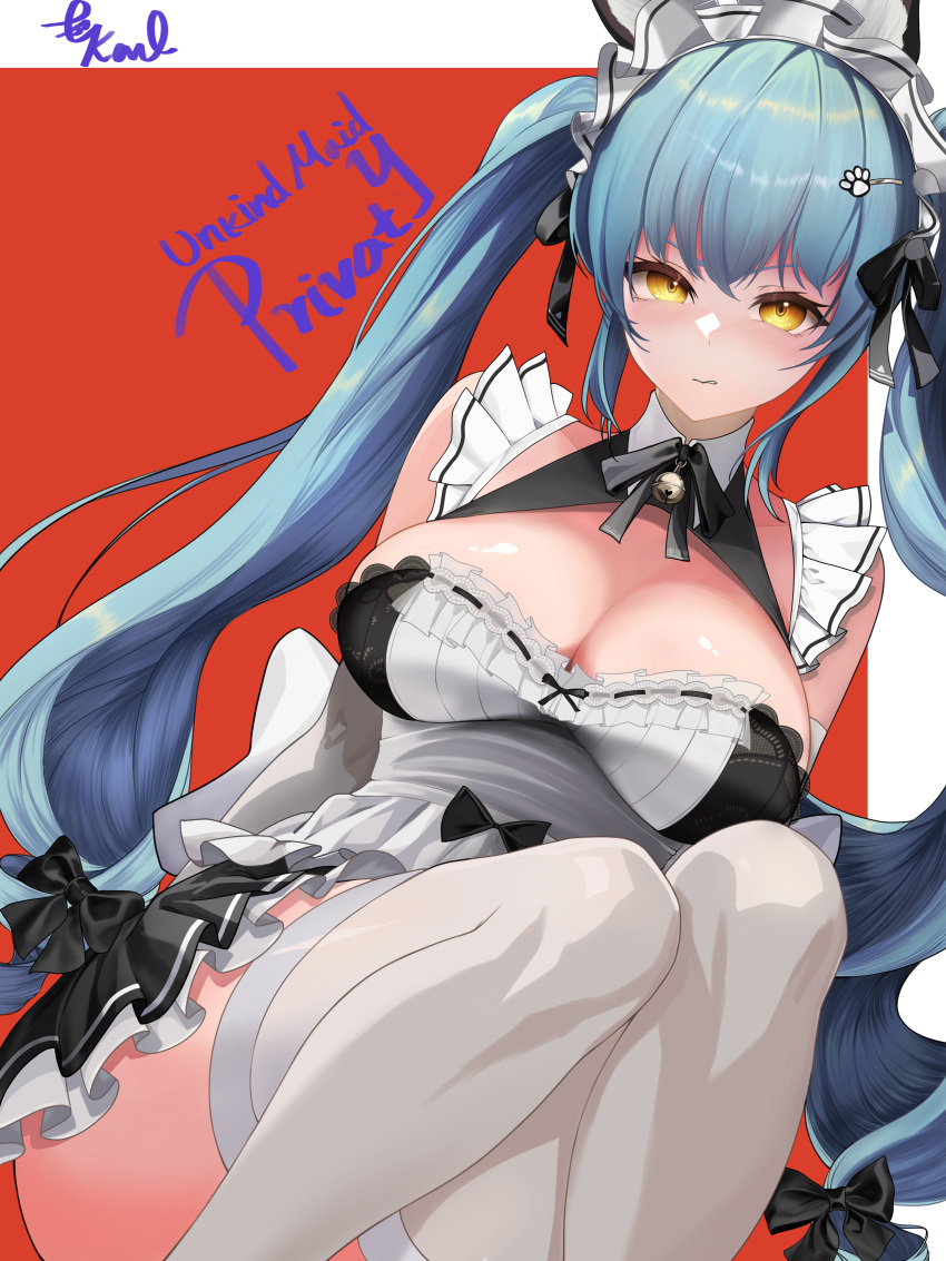 absurdres aonwe apron bell black_bow blue_hair bow breasts character_name closed_mouth dress elbow_gloves female gloves goddess_of_victory:_nikke hair_ornament hairbow hairclip high_collar highres large_breasts long_hair looking_at_viewer low_neckline maid maid_apron maid_headdress neck_bell out-of-frame_censoring paw_hair_ornament petticoat pleated_dress privaty_(nikke) privaty_(unkind_maid)_(nikke) ribbon-trimmed_dress short_dress sitting solo thighhighs twintails two-tone_dress very_long_hair white_apron white_gloves white_thighhighs yellow_eyes