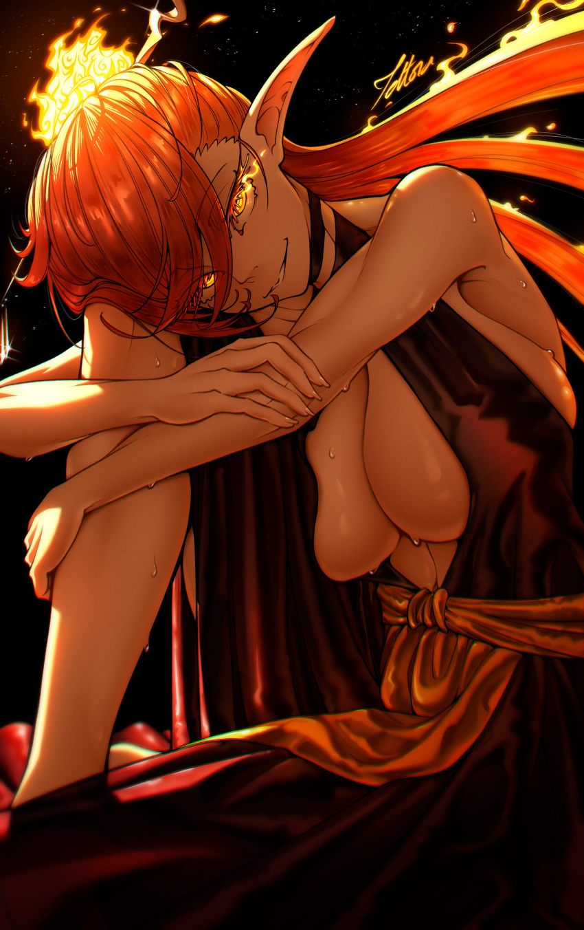 absurdres breasts character_request cleavage elf female fiery_hair fire glowing_lines highres long_hair looking_at_viewer player_(webtoon) pointy_ears red_hair simple_background smile solo tettora very_long_hair yellow_eyes