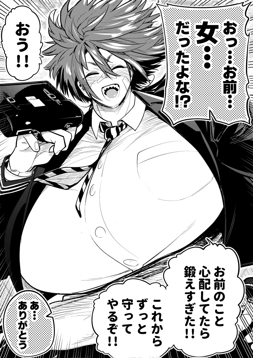 absurdres aged_up bag bandaid breasts closed_eyes female gigantic_breasts highres necktie oerba_yun_fang open_mouth school_bag school_uniform sharp_teeth shirt smile spiked_hair teeth thick_eyebrows tight_clothes tight_shirt tomboy translation_request yamakusa_yuu