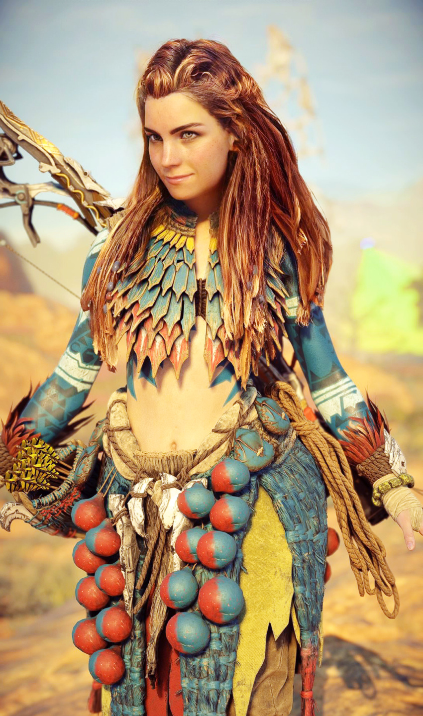 aloy_(horizon) bodypaint bow_(weapon) braid closed_mouth day dreadlocks female freckles green_eyes hand_wraps highres horizon_(video_game) horizon_forbidden_west horizon_zero_dawn lips long_hair messy_hair midriff navel non-web_source outdoors red_hair smile solo standing tattoo tribal tribal_tattoo weapon