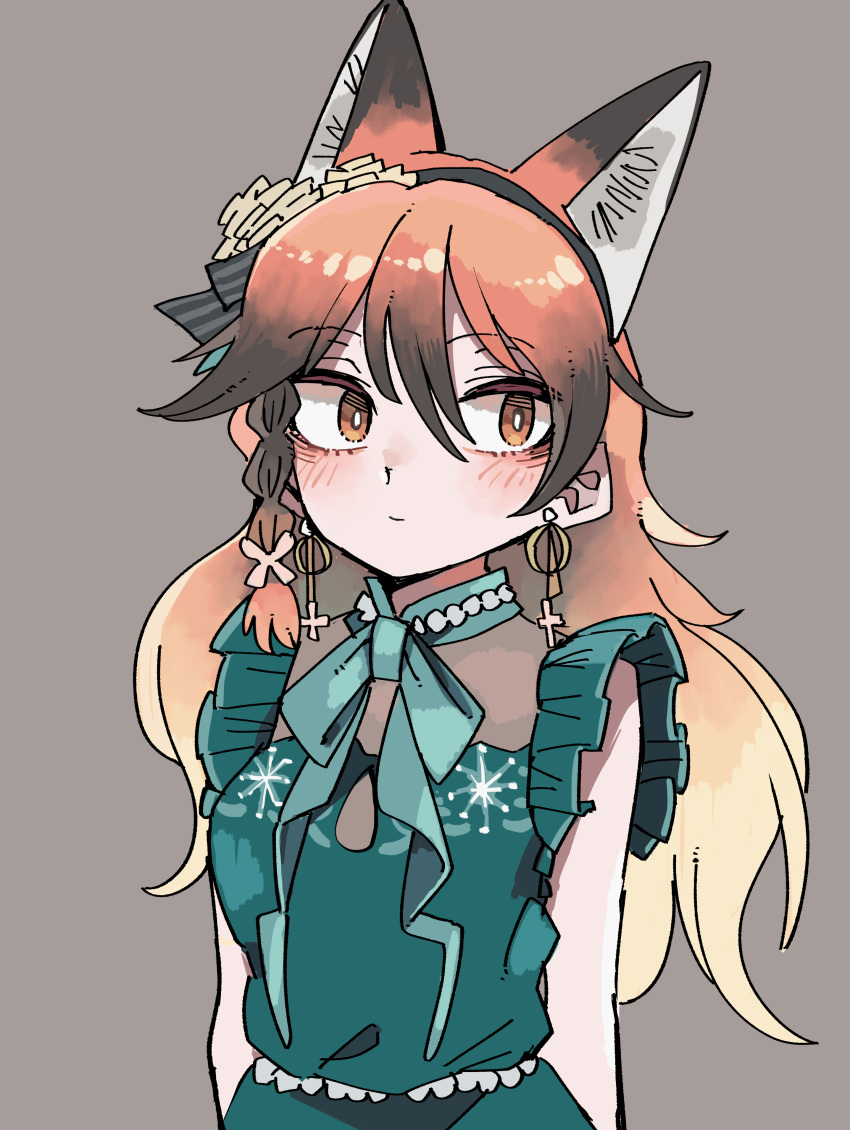 absurdres animal_ears bare_shoulders braid brown_hair choker dress earrings extra_ears female fox_ears fox_girl green_choker green_dress grey_background hair_ornament highres jewelry kanmoku-san kemono_friends kemono_friends_3 long_hair looking_away multicolored_hair necklace official_alternate_costume orange_eyes orange_hair pearl_necklace red_fox_(kemono_friends) simple_background single_braid sleeveless solo upper_body