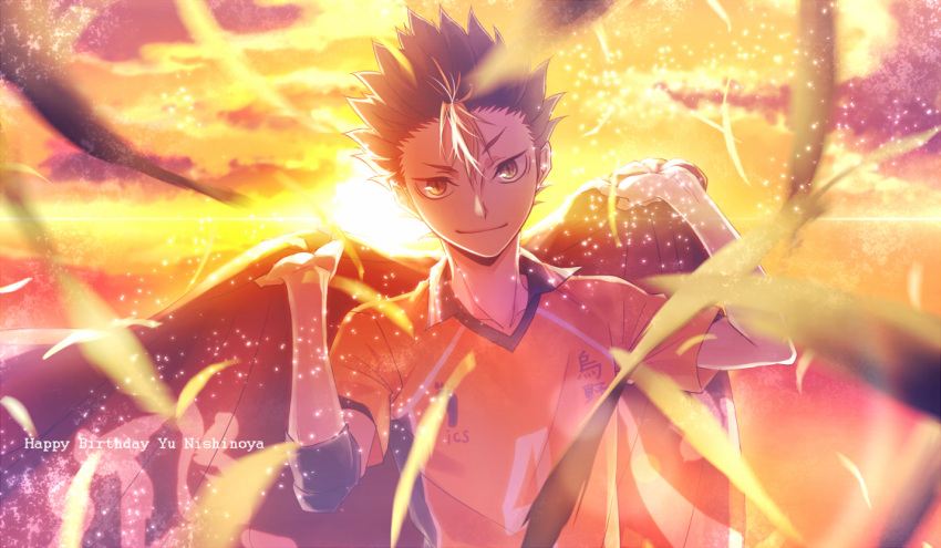 1boy black_hair blonde_hair brown_eyes character_name dyed_bangs elbow_pads feathers haikyuu!! happy_birthday holding karasuno_volleyball_uniform kei_(space_sonic) lens_flare looking_at_viewer male_focus motion_blur nishinoya_yuu smile solo sparkle spiked_hair sportswear sunset upper_body volleyball_uniform