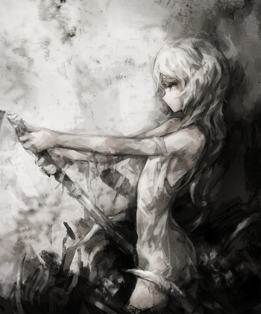 androgynous arched_back bandages closed_mouth commentary contrapposto cowboy_shot english_commentary from_side gender_request grey_eyes greyscale gyup hands_up highres holding holding_sword holding_weapon long_hair looking_away monochrome original outstretched_arms solo standing sword weapon